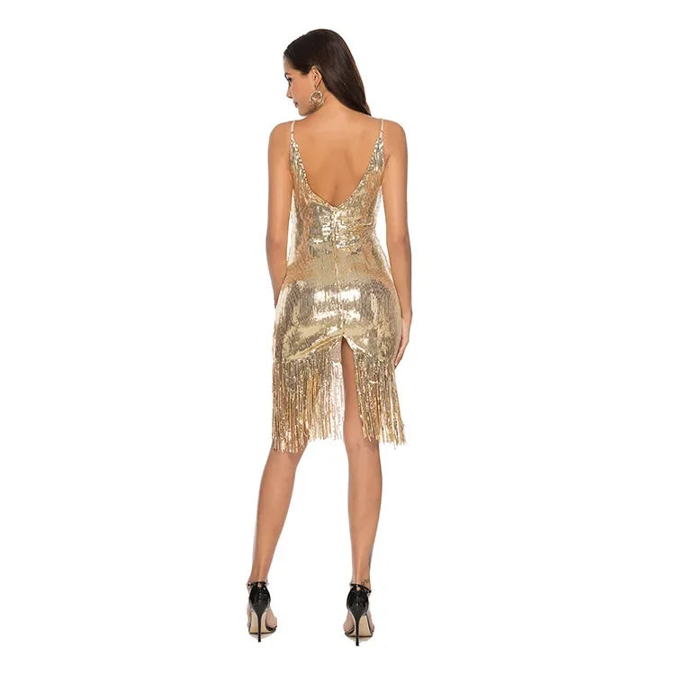 GLIMMERING TASSEL SLEEVELESS HALTER DRESS