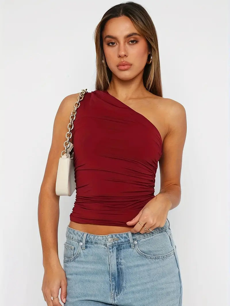 RETRO RUCHE SHOULDER CROP TOP