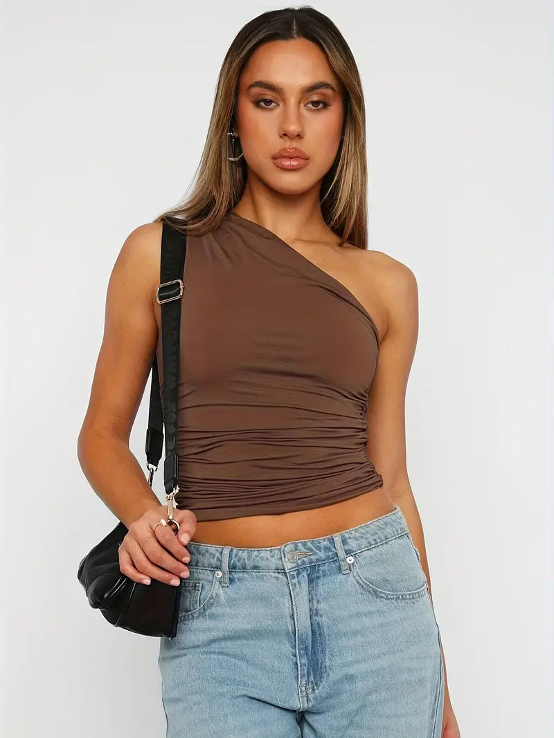 RETRO RUCHE SHOULDER CROP TOP