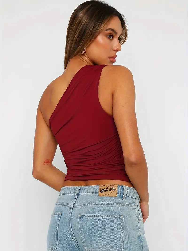 RETRO RUCHE SHOULDER CROP TOP