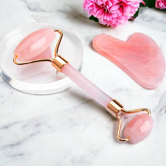 Pink Quartz Jade Roller Gua Sha Set