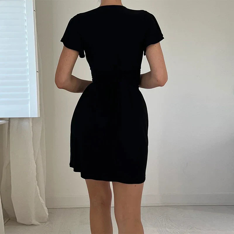BLACK OYSTER V-NECK MINI DRESS